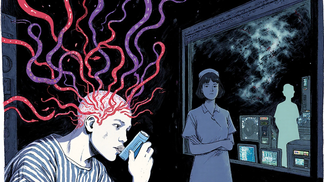 A patient inhales loxapine in an emergency room as neural pathways shut down around their brain.