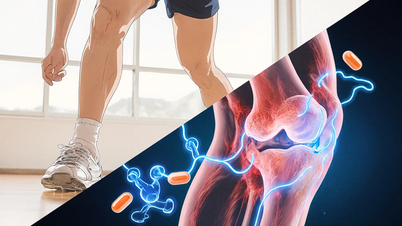 Anatomical knee view showing ibuprofen molecules reducing inflammation as athlete exercises.