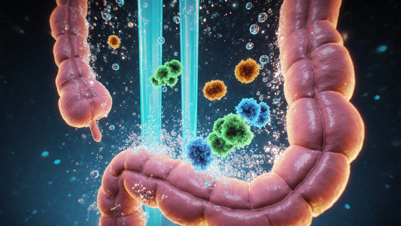 Animated colon interior showing lactulose turning into acids and pulling water.