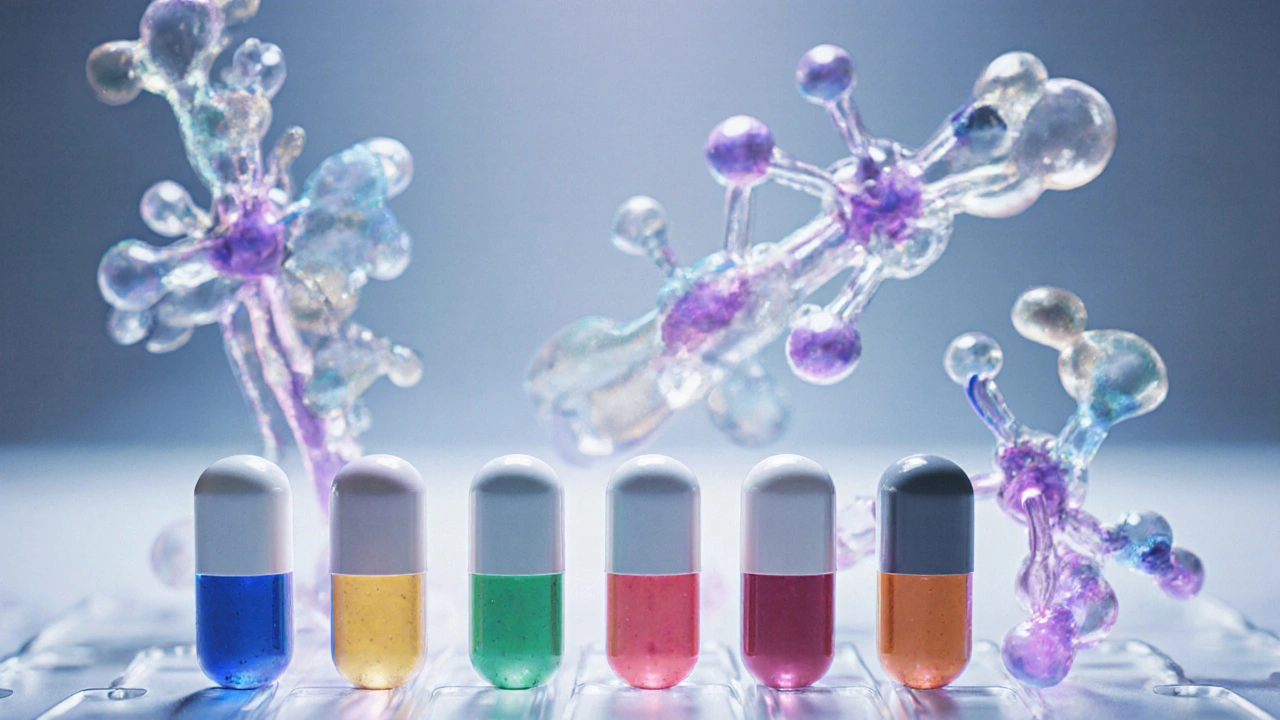 Array of different antiandrogen pills with molecular models of androgen receptor.