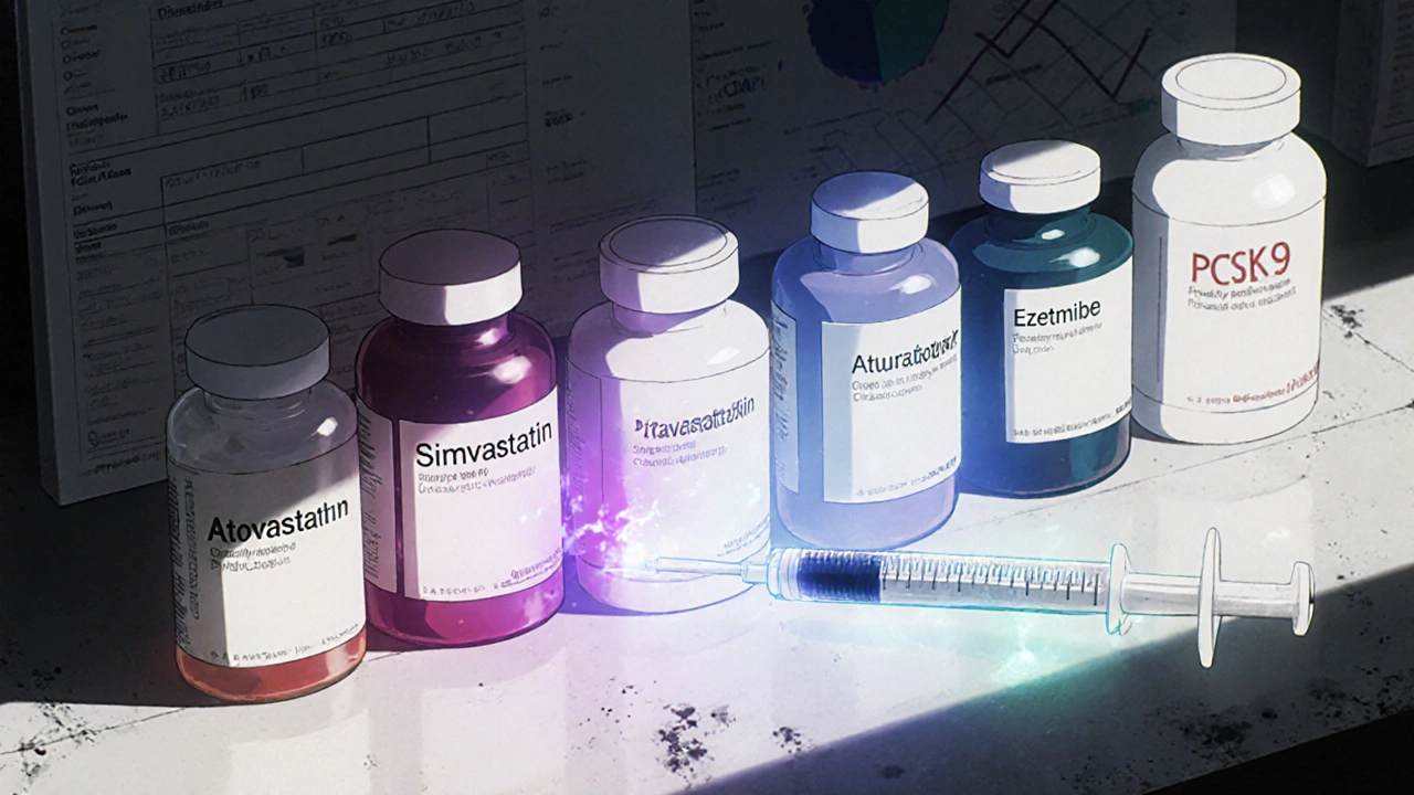 Array of medication bottles with glowing auras representing different lipid‑lowering drugs.