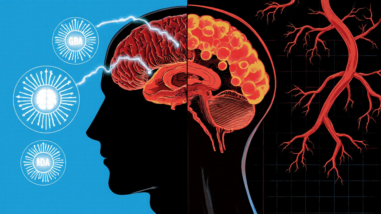 Brain cross‑section showing neurotransmitter disruption, inflammation, and reduced blood flow.