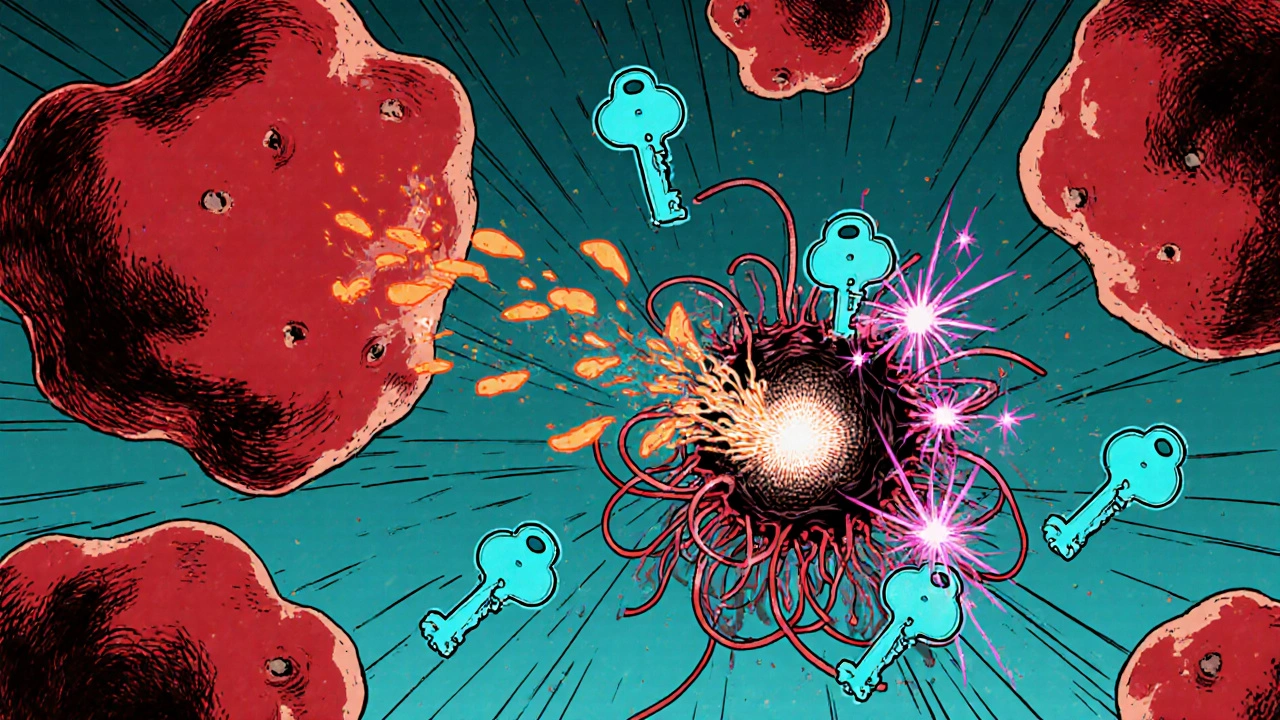 Cellular scene showing vinpocetine molecules triggering apoptosis and disabling tumor pathways.