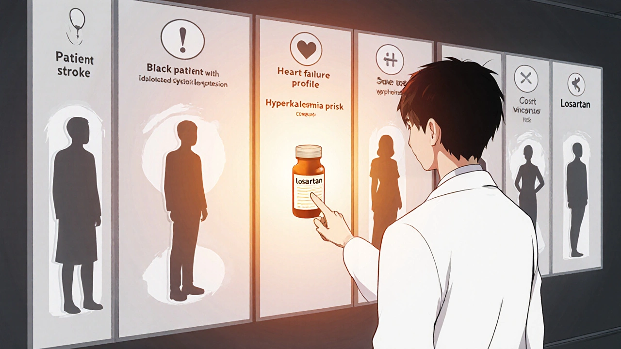 Clinician points to Losartan on a decision wall, highlighting it, anime style.