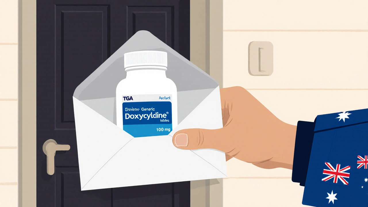 Courier delivers an opened envelope revealing a doxycycline bottle with TGA label.