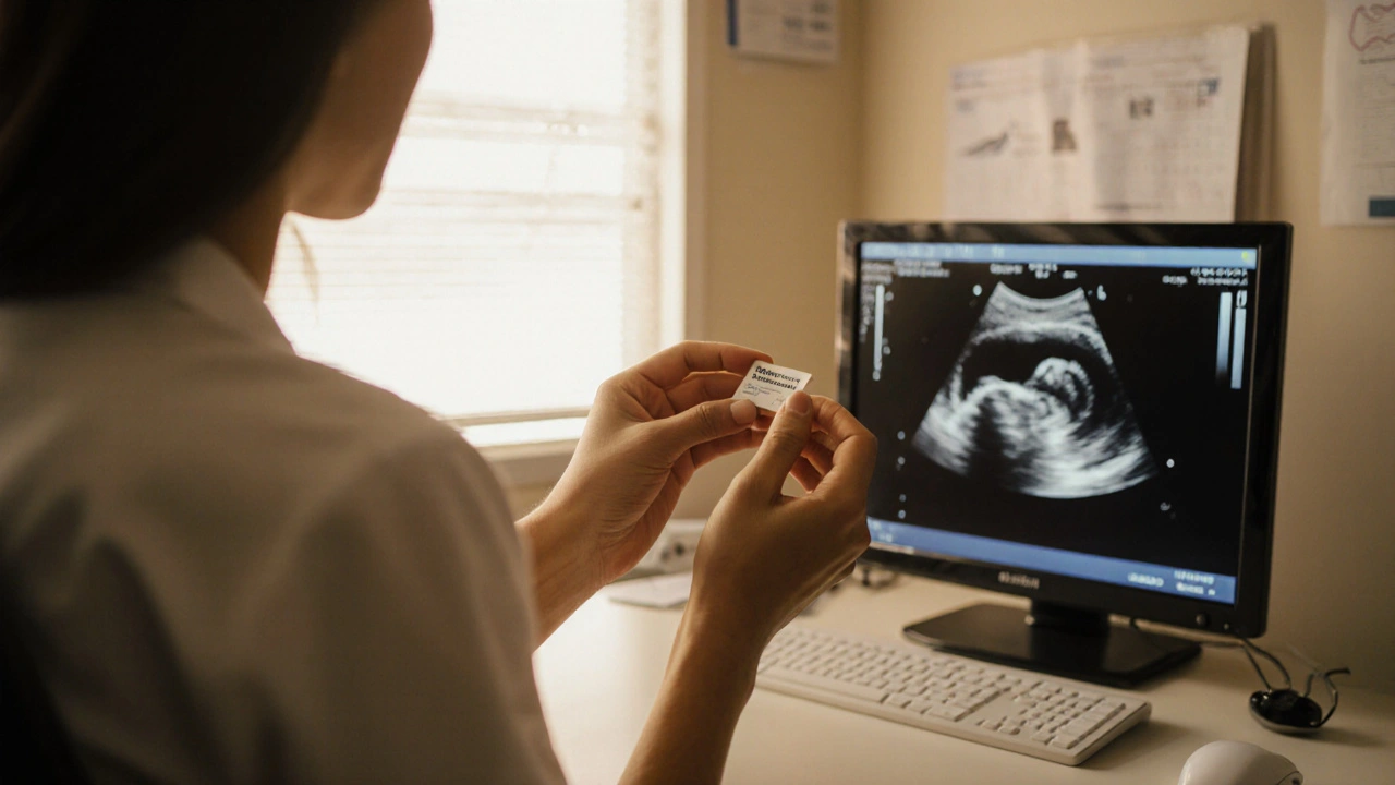 Doctor counseling patient with ultrasound while holding a misoprostol tablet.