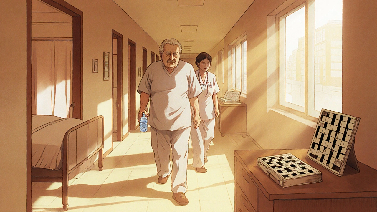 Elderly patient walking with nurse, drinking water, and doing puzzles after surgery.