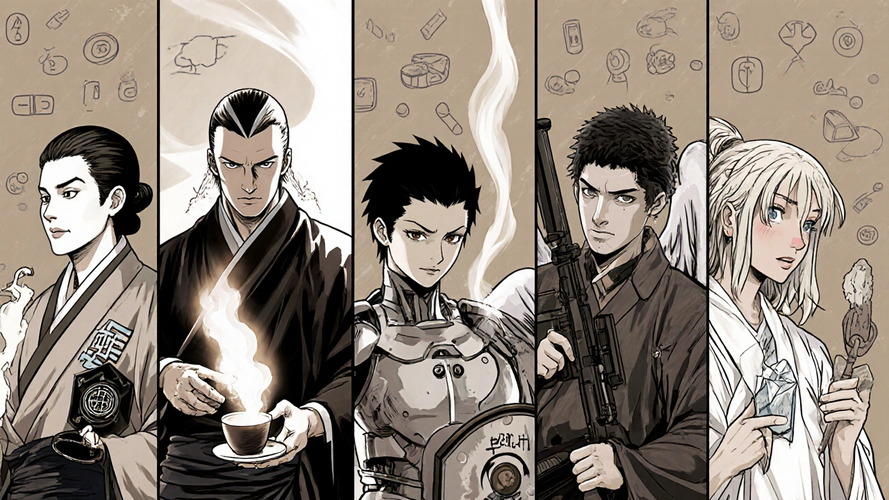 Five characters personify alternative diuretics, each with unique visual symbols.