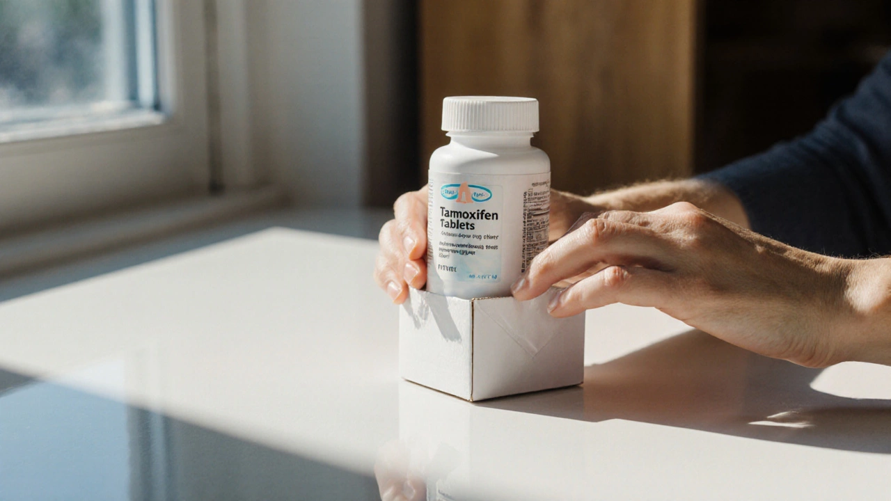 Hands opening a package revealing a bottle of generic tamoxifen tablets.