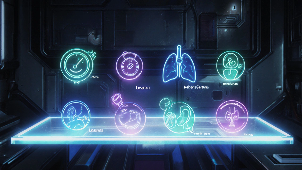 Holographic display compares seven hypertension drugs, anime style.