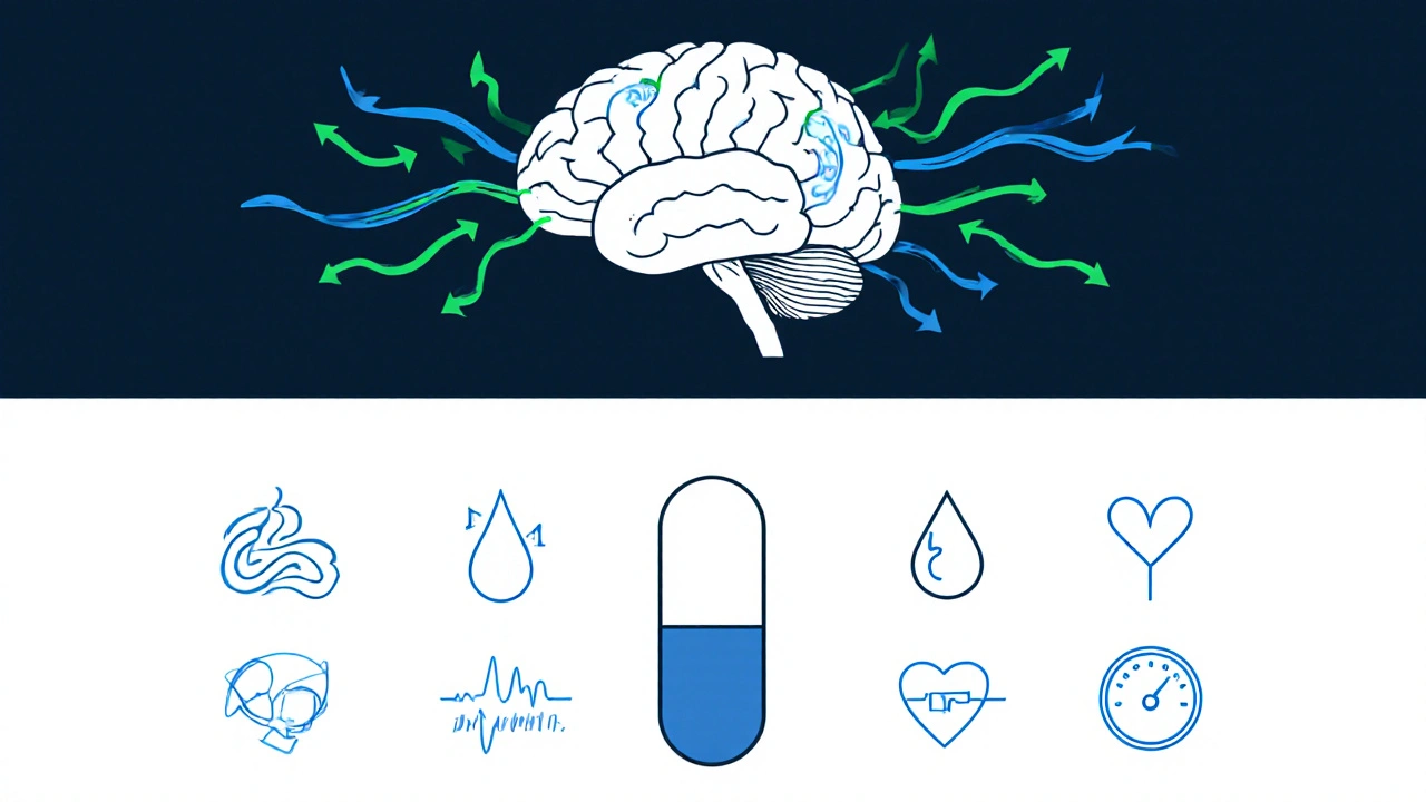 Illustration of brain serotonin and norepinephrine pathways with side‑effect icons around a central pill.
