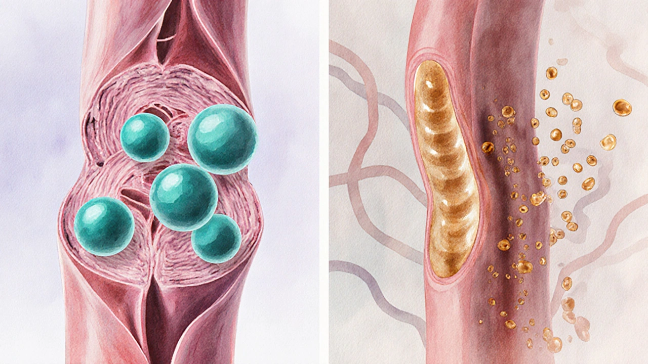 Illustration showing irbesartan blocking vessel receptors and thiazide acting in a kidney tubule.