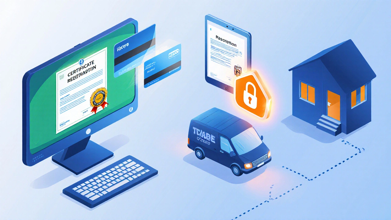 Isometric illustration of online pharmacy steps: registration badge, prescription scan, secure payment, courier delivery.