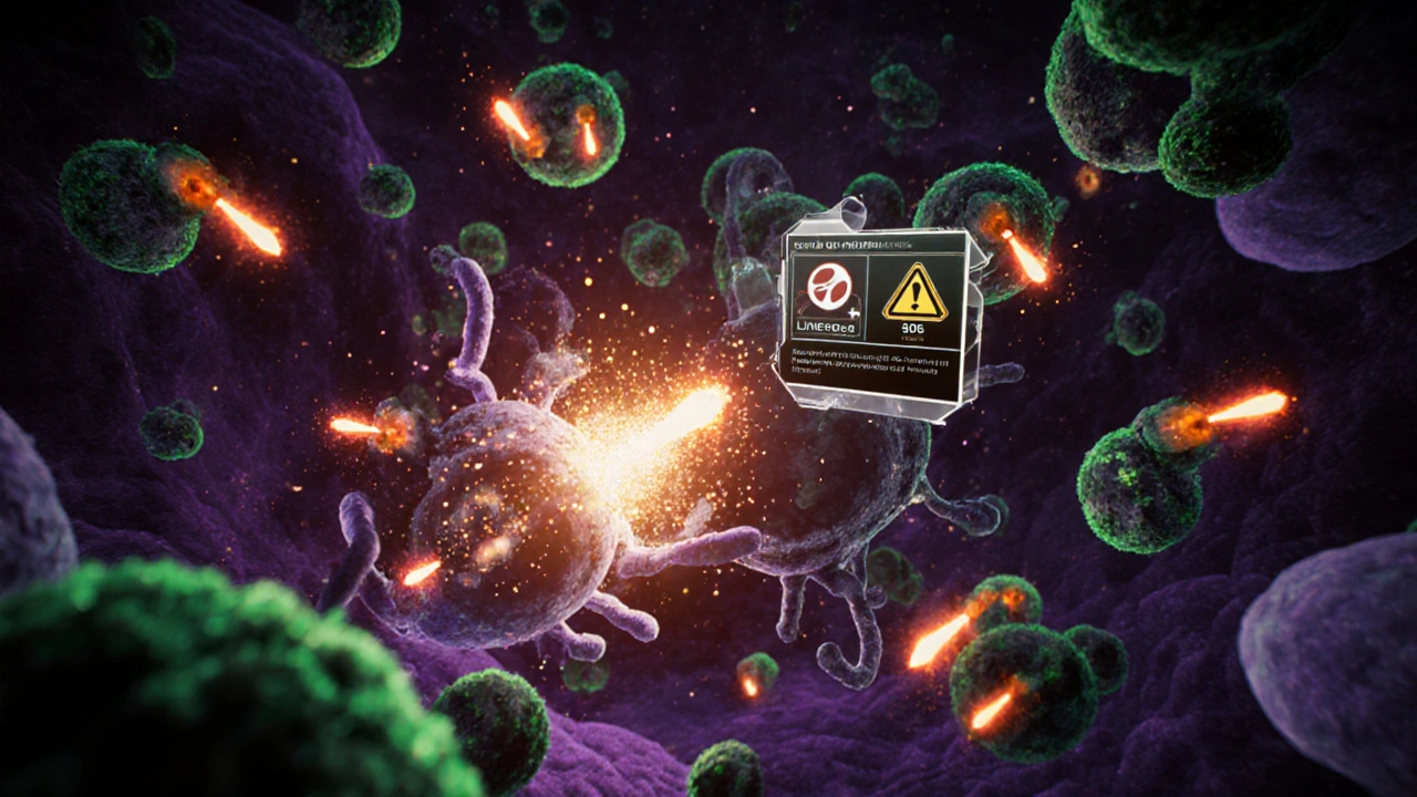 Linezolid missiles block bacterial ribosomes; warning icons for platelet drop and serotonin syndrome float nearby.
