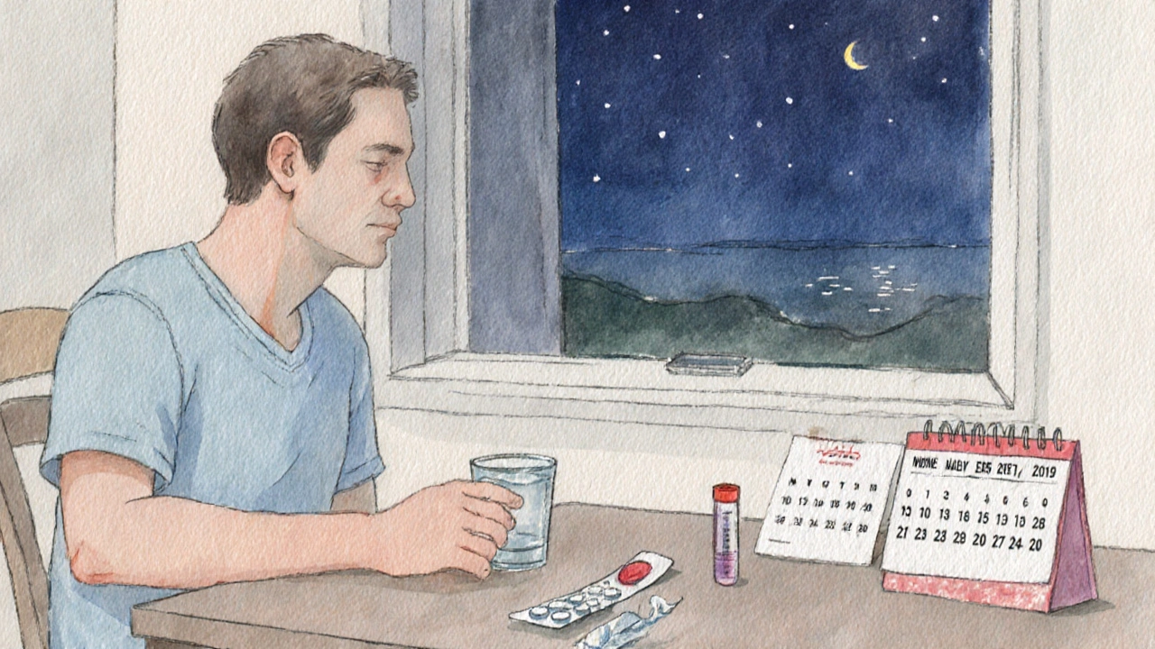 Man at home taking medication, with blood test kit and calendar nearby.