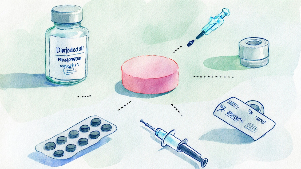 Misoprostol pill surrounded by visual symbols of its alternative drugs.