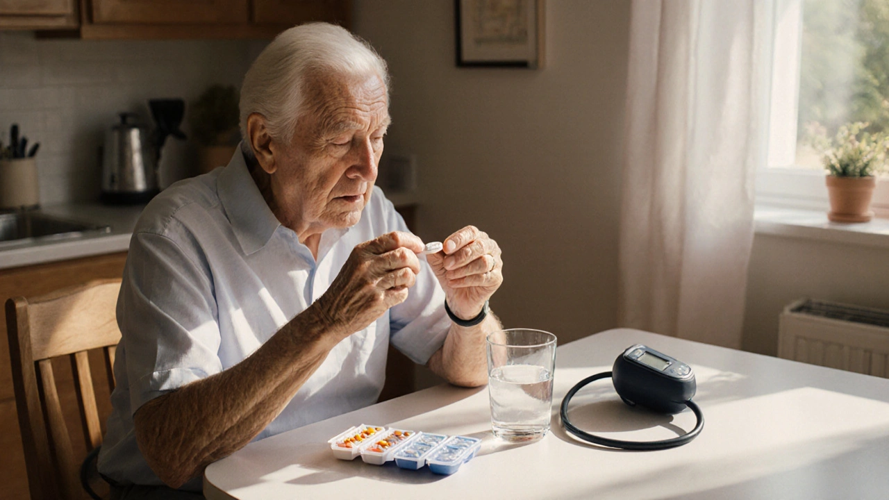 Older adult taking one blood‑pressure pill with a water glass at breakfast.