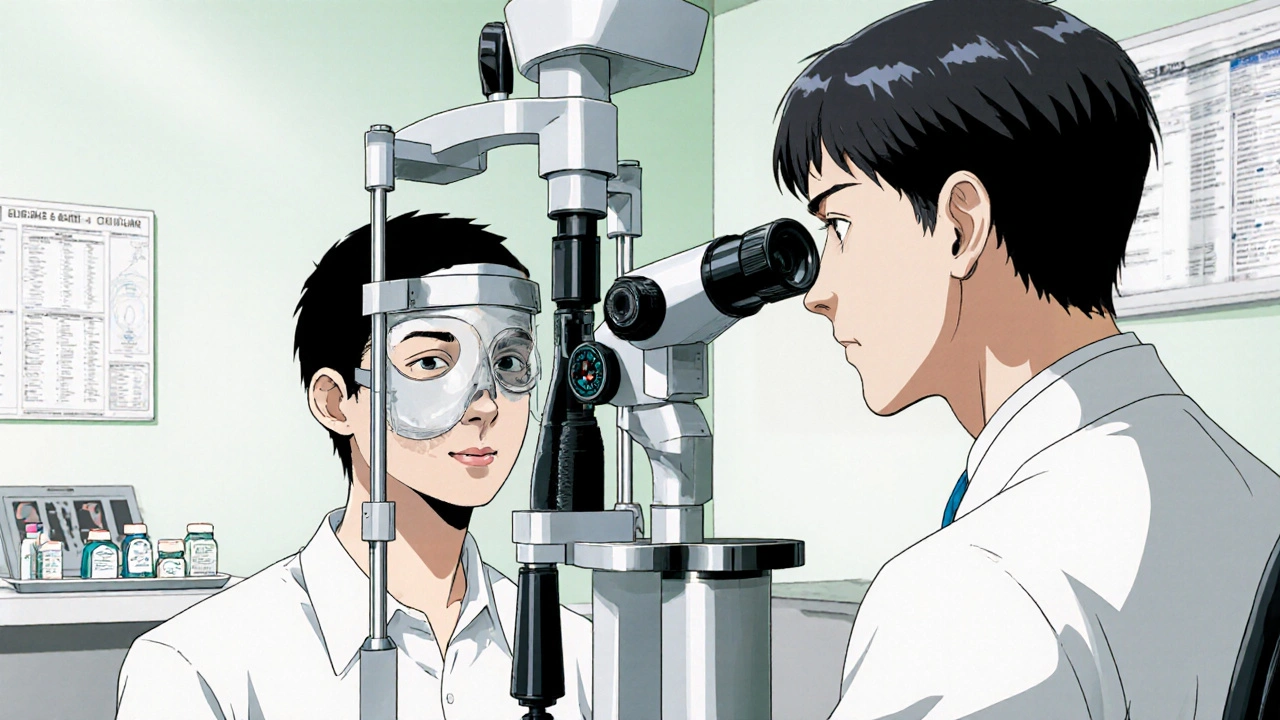 Ophthalmologist uses a slit‑lamp to examine a post‑surgical eye and measure pressure.