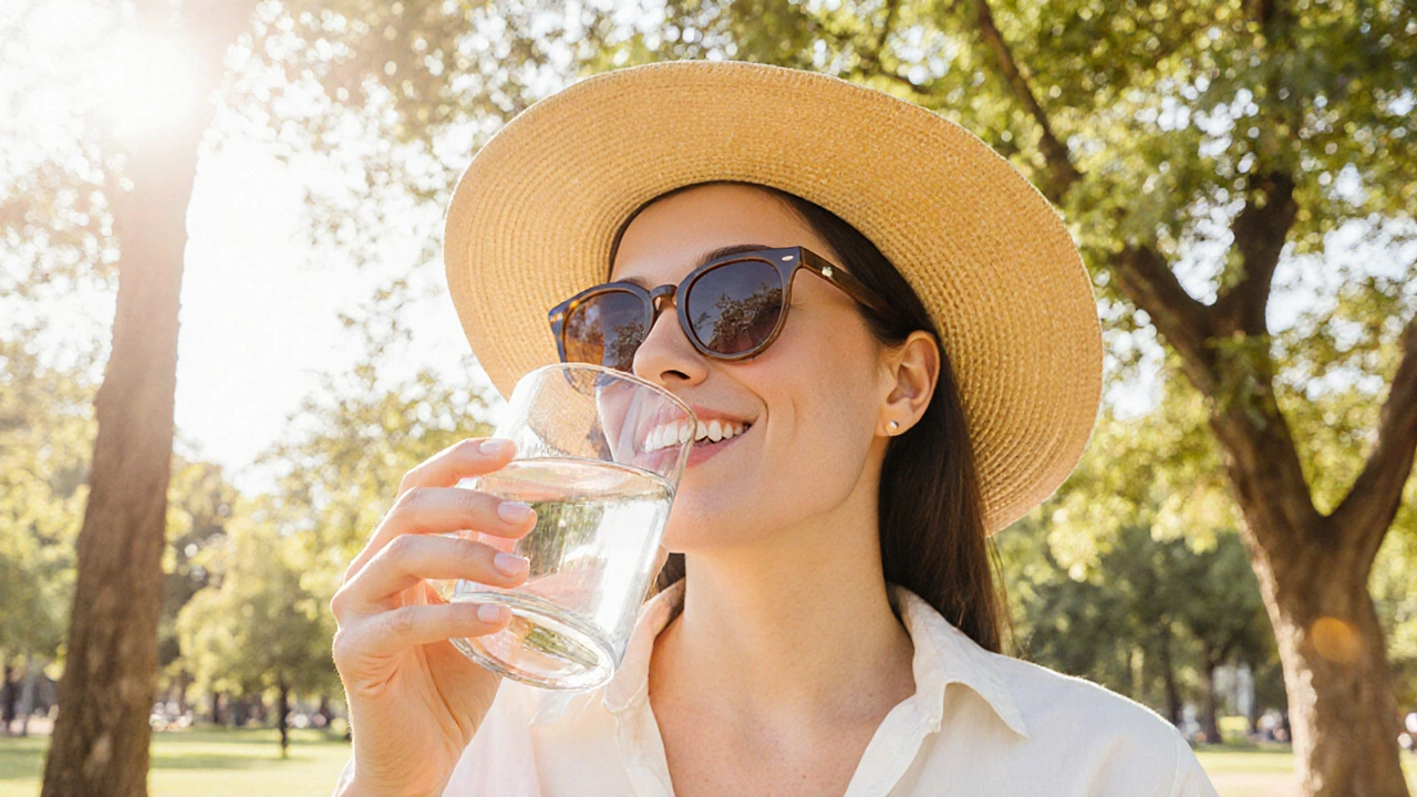 Outdoor scene of person taking a doxycycline pill with water and sun protection.