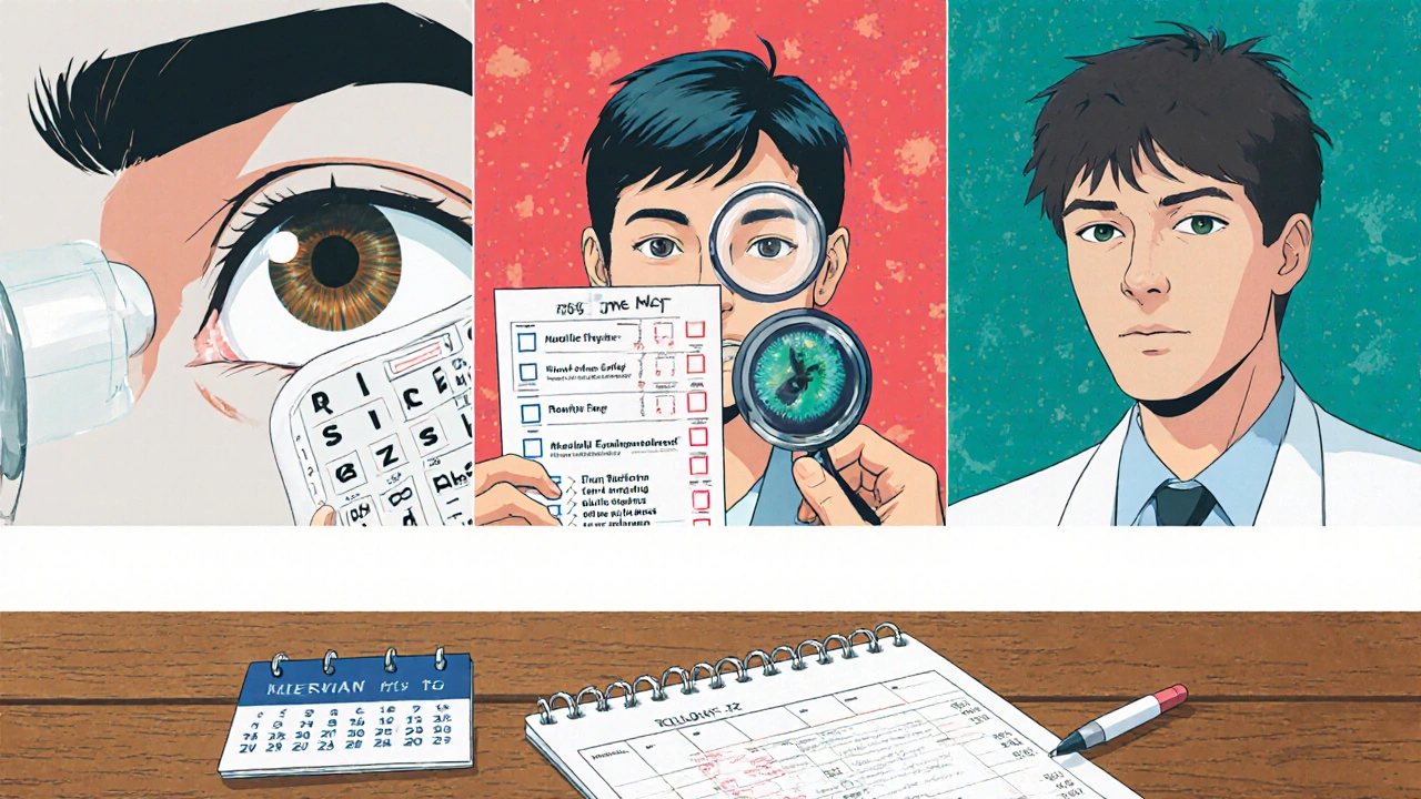Patient holds a checklist and medication list showing follow‑up schedules for three eye surgeries.