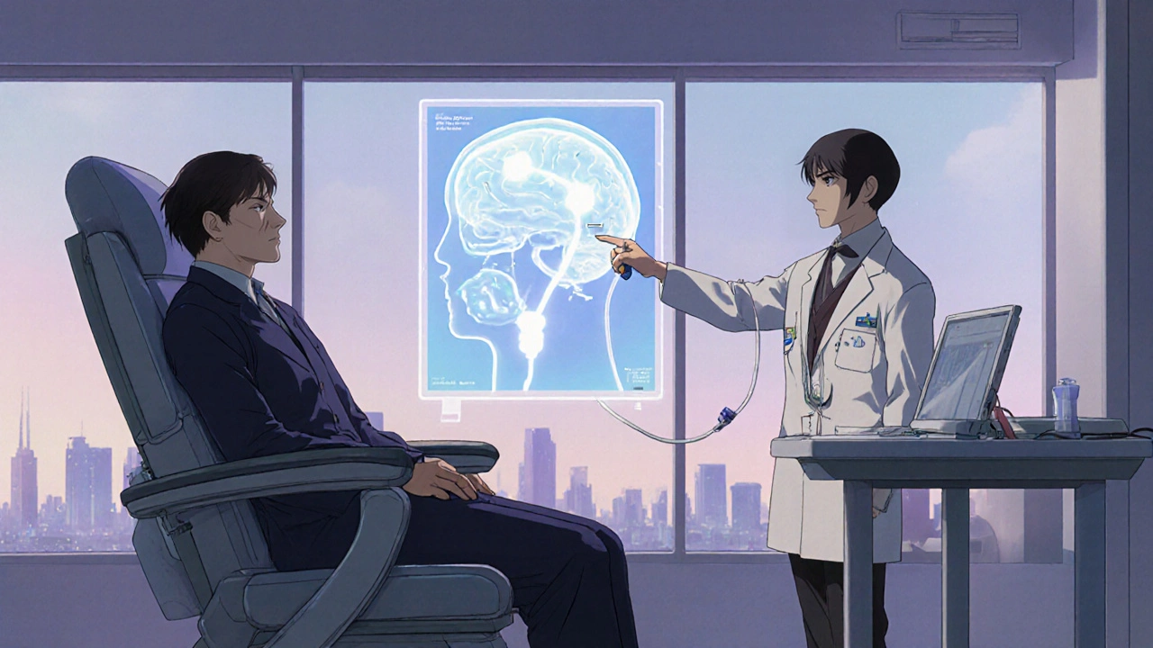 Patient receives vinpocetine and chemo as nanocarriers cross the blood‑brain barrier in a clinic.
