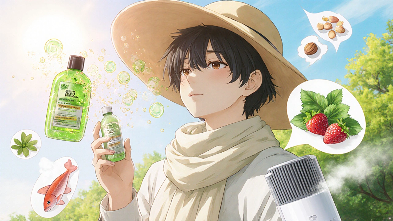 Person in hat using antioxidant shampoo surrounded by healthy foods.