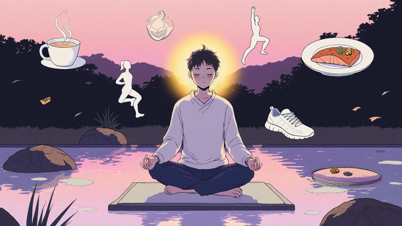 Person meditating by koi pond at sunrise, surrounded by symbols of tea, exercise, and fish.