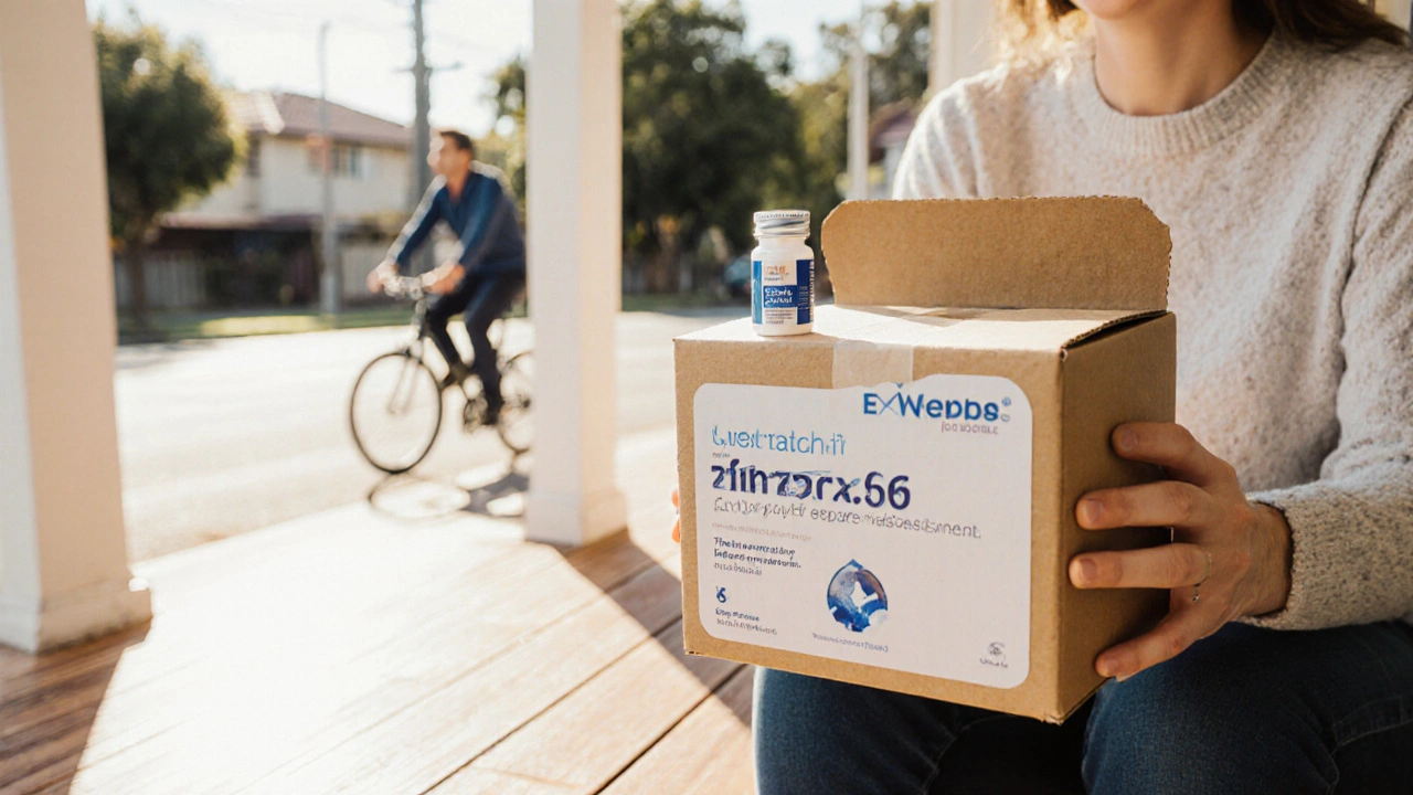 Person opening a delivery box on a sunny porch, revealing a bottle of Zovirax tablets.