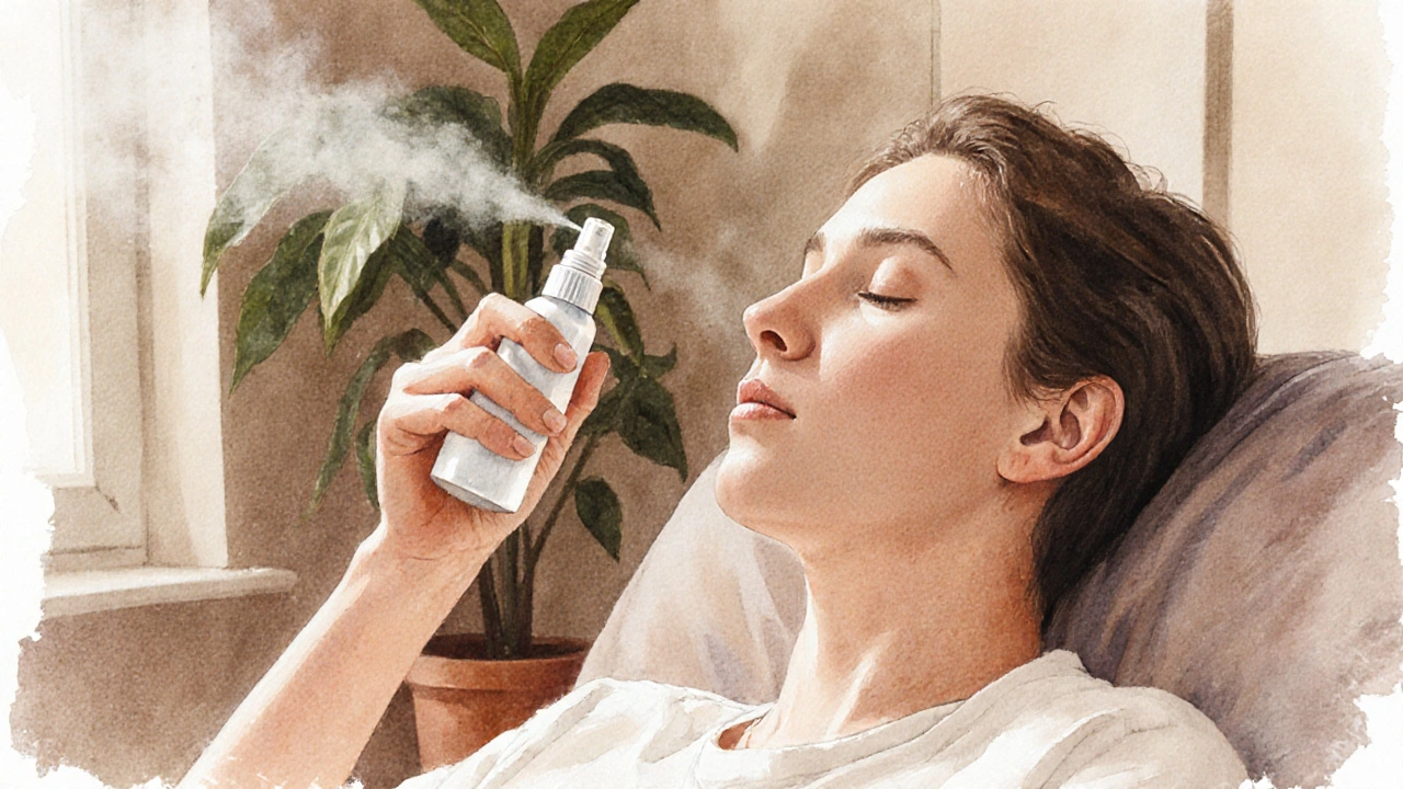 Person using a nasal spray correctly in a calm home setting.