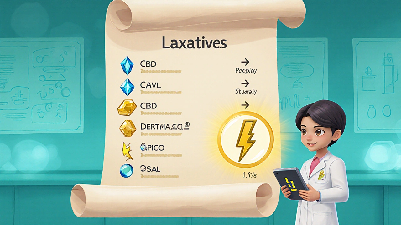 RPG character choosing between laxative icons on a decision screen.