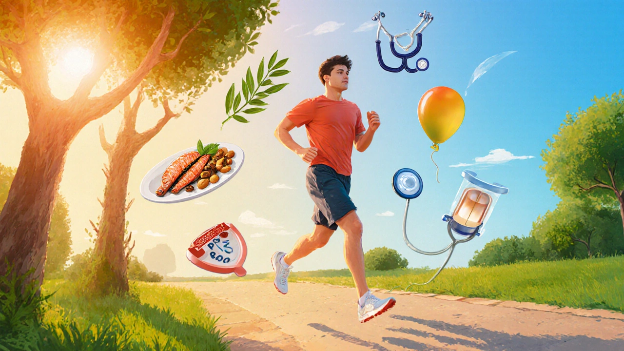 Runner in park with health icons, Mediterranean diet, PFO closure symbol.