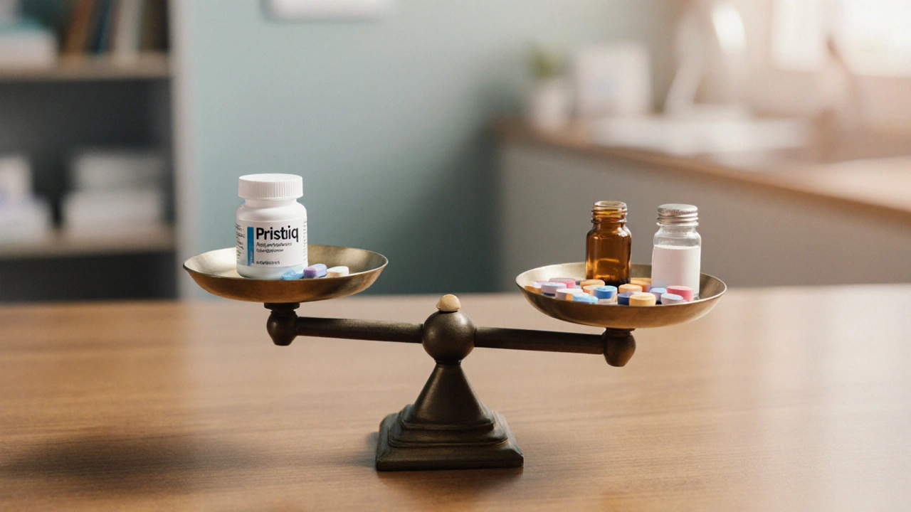 Scale balancing a Pristiq tablet against assorted antidepressant pills, suggesting medication choice.