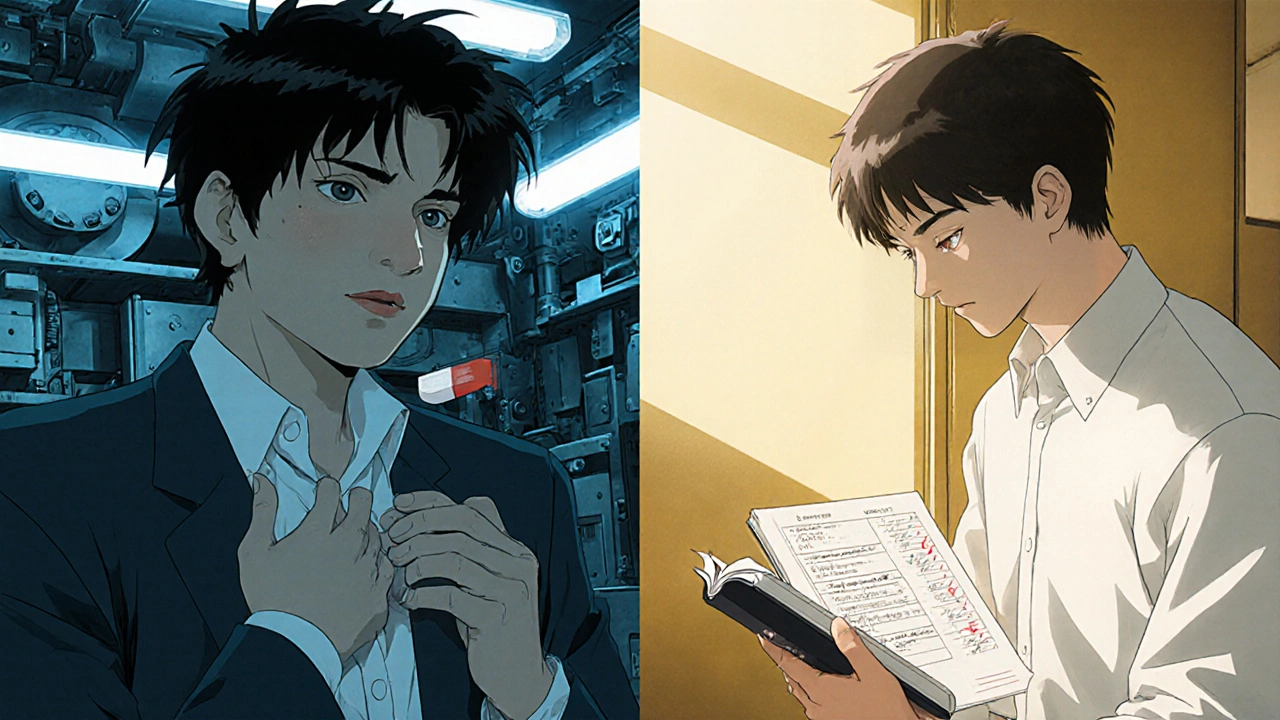 Split scene: panic attack vs. calm therapy session with pills and notebooks.