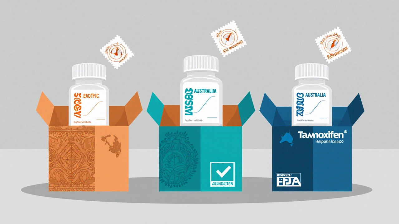 Three shipping boxes with pill bottles and regulatory check‑mark icons side by side.