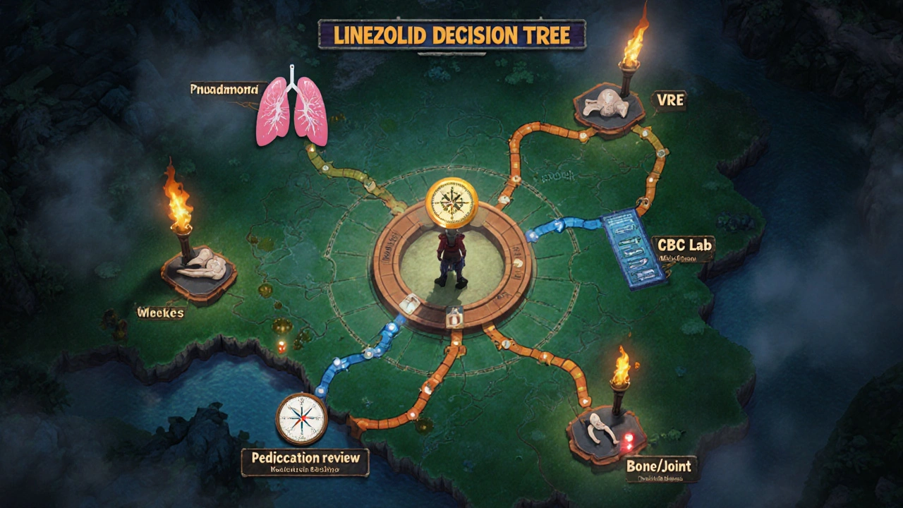 Top‑down RPG map showing decision branches for Linezolid use with lab and resistance checkpoints.