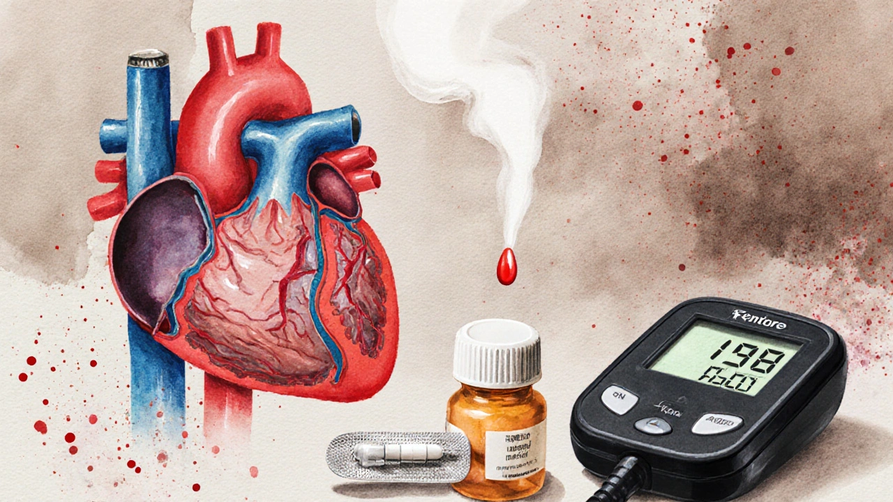 Watercolor collage of heart with PFO, smoking, pill bottle, blood pressure cuff.