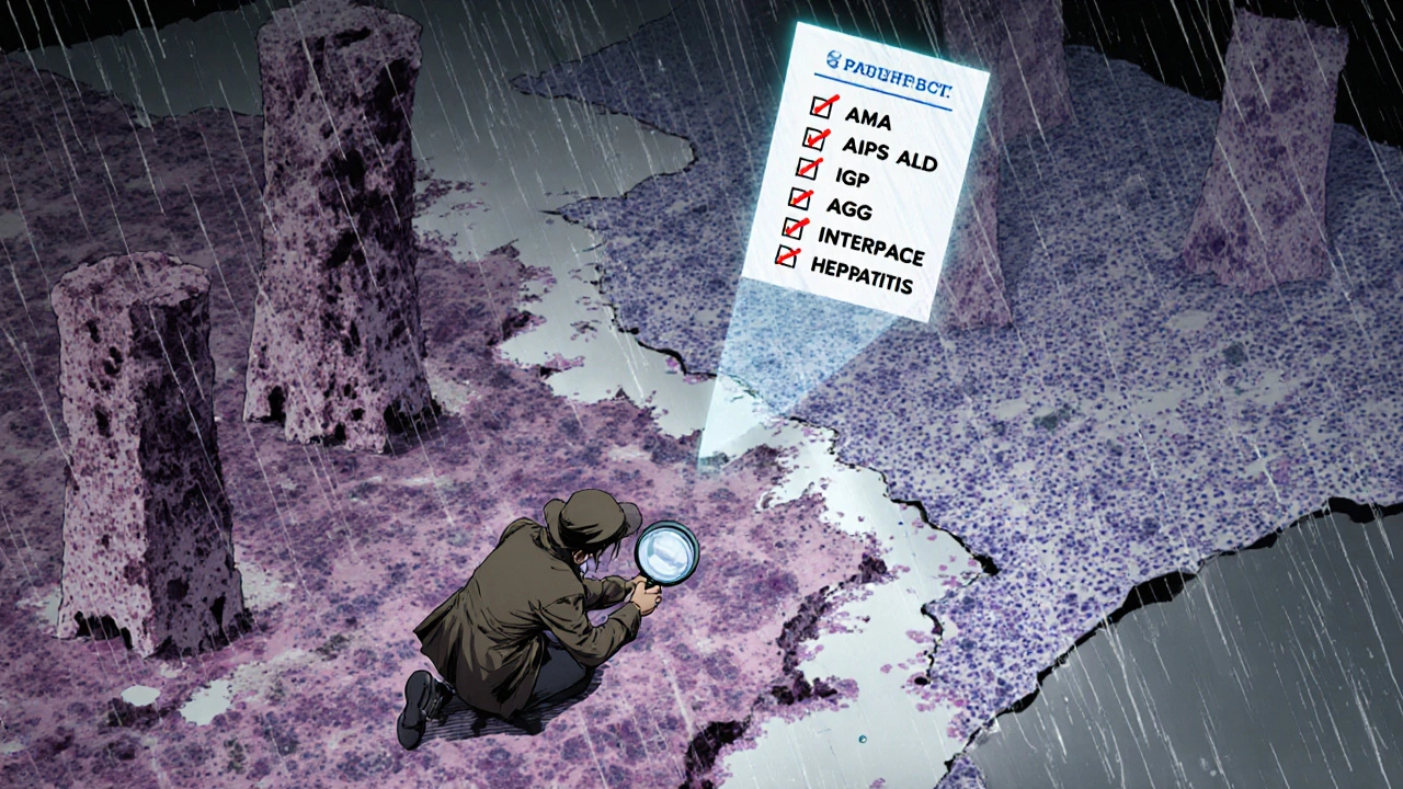 A biopsy slide showing PBC and AIH damage side-by-side as a war landscape with a pathologist examining markers.