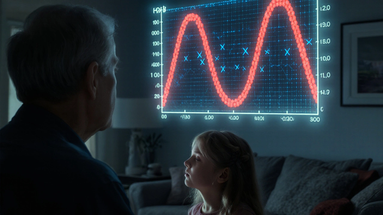 A detailed audiogram showing a 4,000 Hz notch, floating above a man struggling to hear his granddaughter speak.