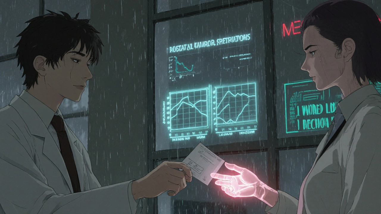 A doctor gives a prescription to a liver disease patient as holographic health data floats between them in a rainy hospital.