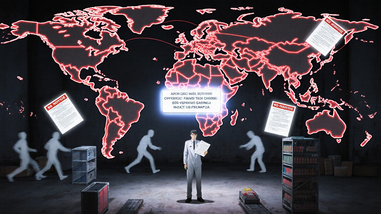 A global supply chain map glows on a warehouse wall as an FDA inspector stands firm, holographic warnings of failed inspections floating around them.