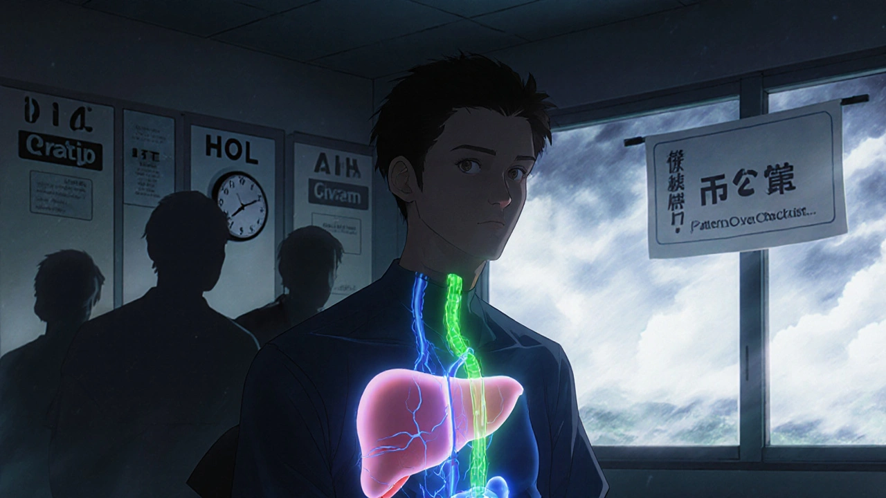 A man with translucent body revealing dual liver treatments, shadows of misdiagnoses behind him in anime style.