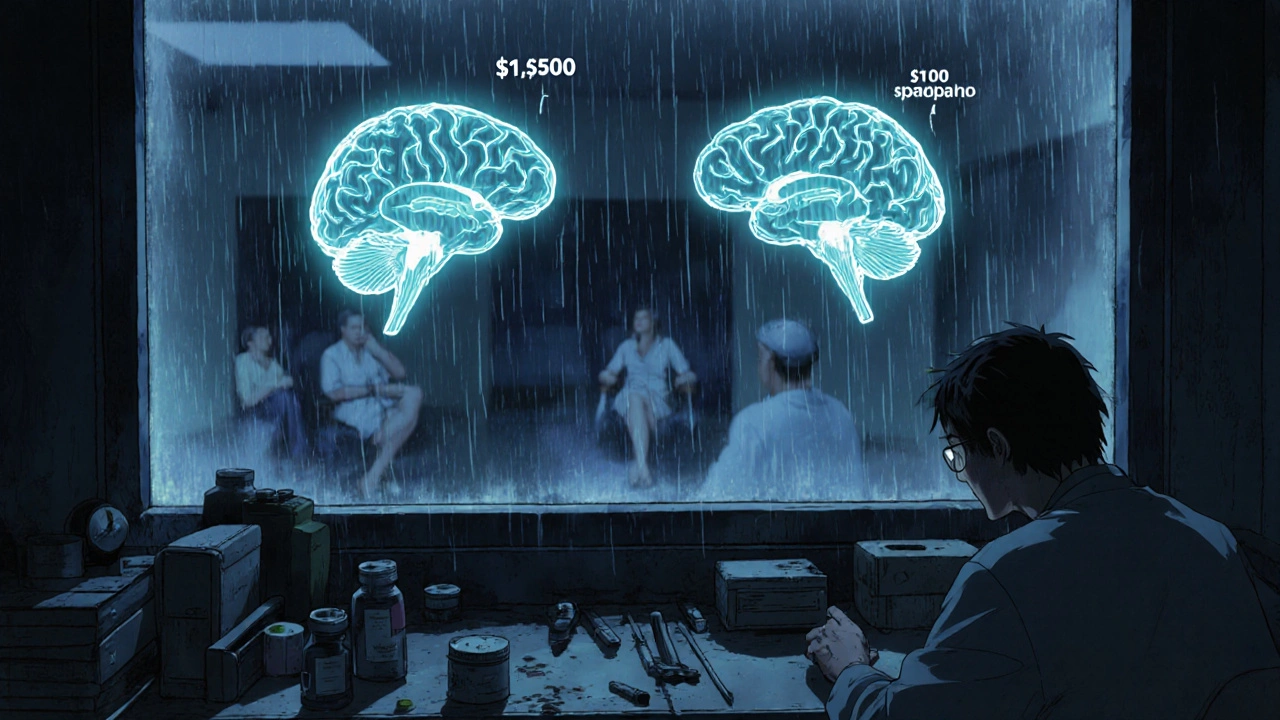 A neuroscientist views brain scans showing dopamine differences between expensive and cheap placebos.