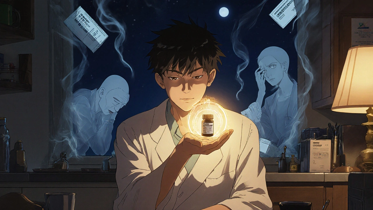 A patient holds a generic pill glowing with golden light as faded brand labels vanish around them.