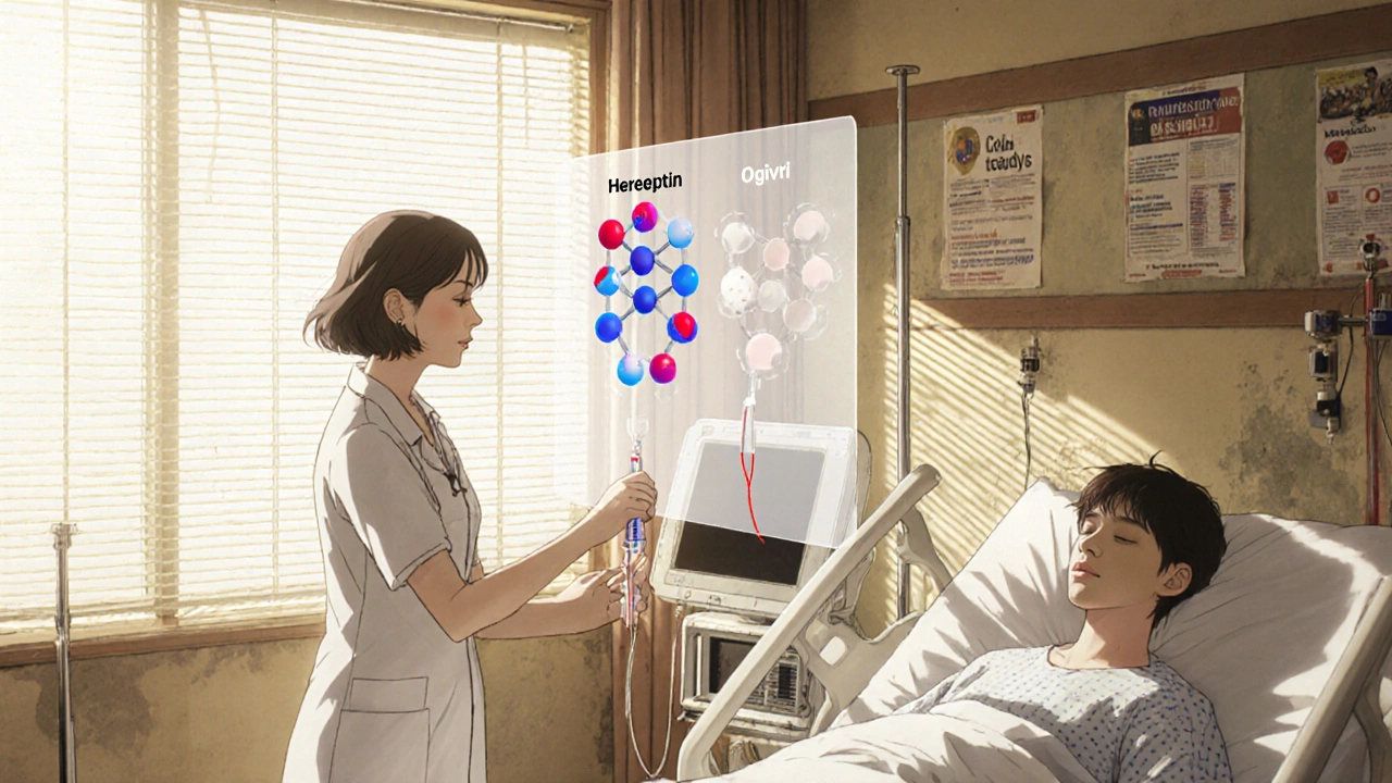 A patient receiving a biosimilar infusion in a quiet hospital room with molecular overlays.