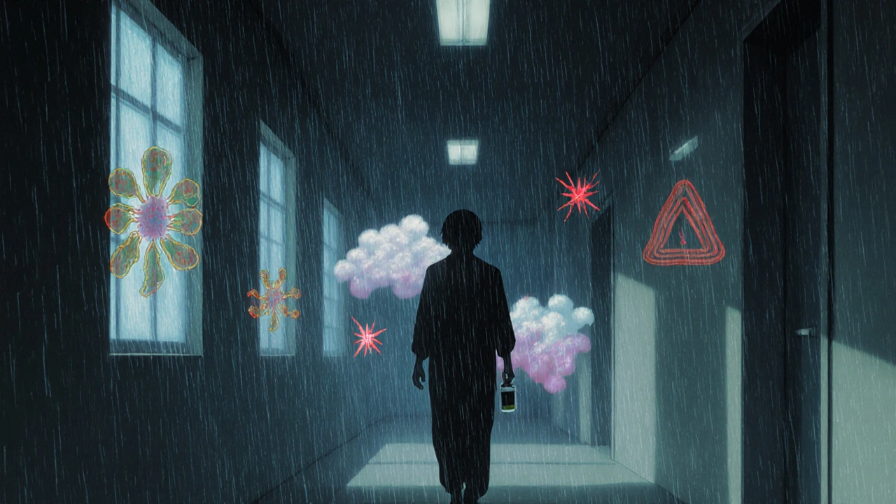 A person walking through a hospital corridor with fading infection ghosts and warning symbols in the air.