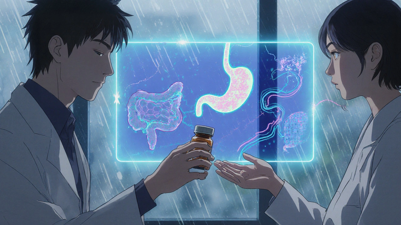 A pharmacist giving a generic pill to a patient while a hologram shows the drug releasing into the bloodstream.