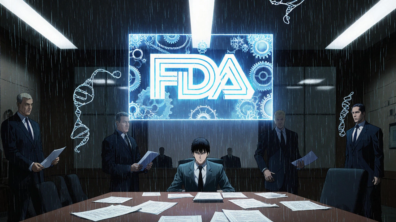 A regulatory hearing with holographic FDA emblem and patent documents in a dystopian courtroom.