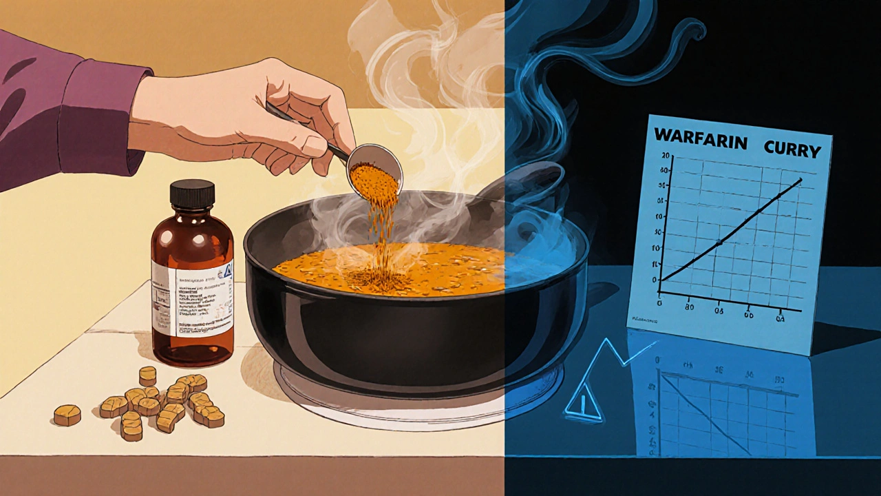 A woman cooking curry with turmeric while warfarin pills and a medical chart sit nearby on the counter.