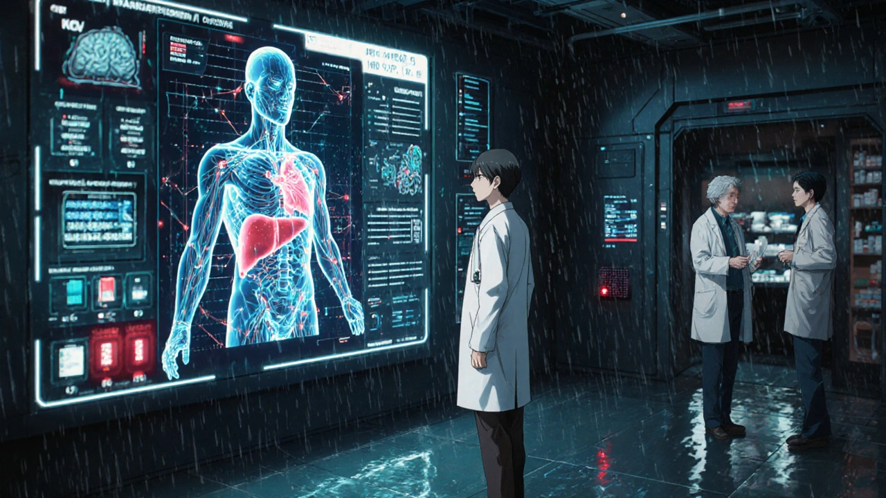 AI system predicting adverse drug events with glowing risk nodes on a human body model.