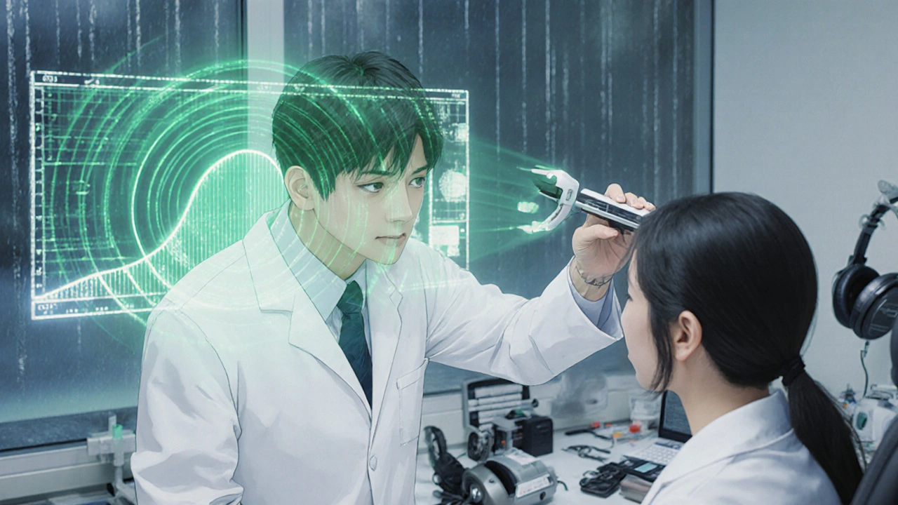 An audiologist placing a bone oscillator behind a patient&#039;s ear, with a holographic tympanogram graph nearby.